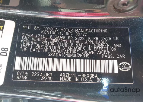 2022 Lexus Es 300H из США, поврежденный, VIN 58ADA1C10NU026319